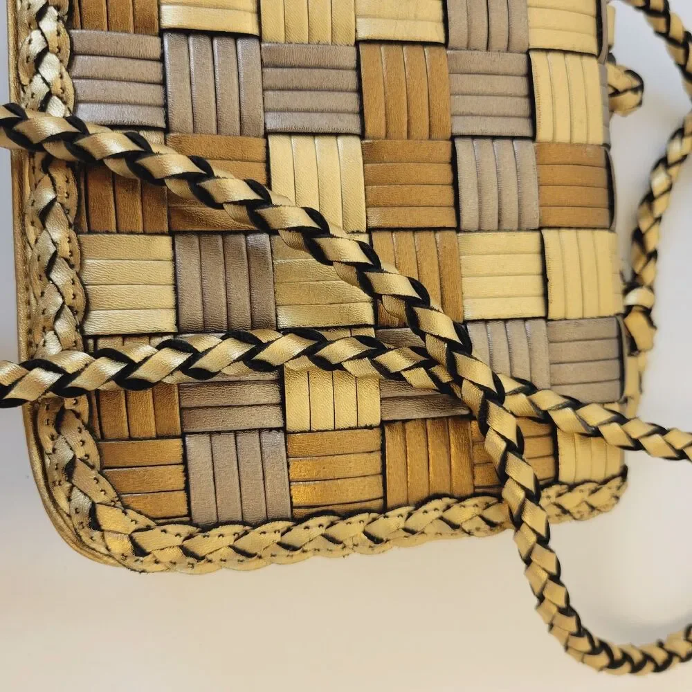 CEM Woven Leather Metallic Crossbody Bag Gold Bronze Small Braided Strap Vintage